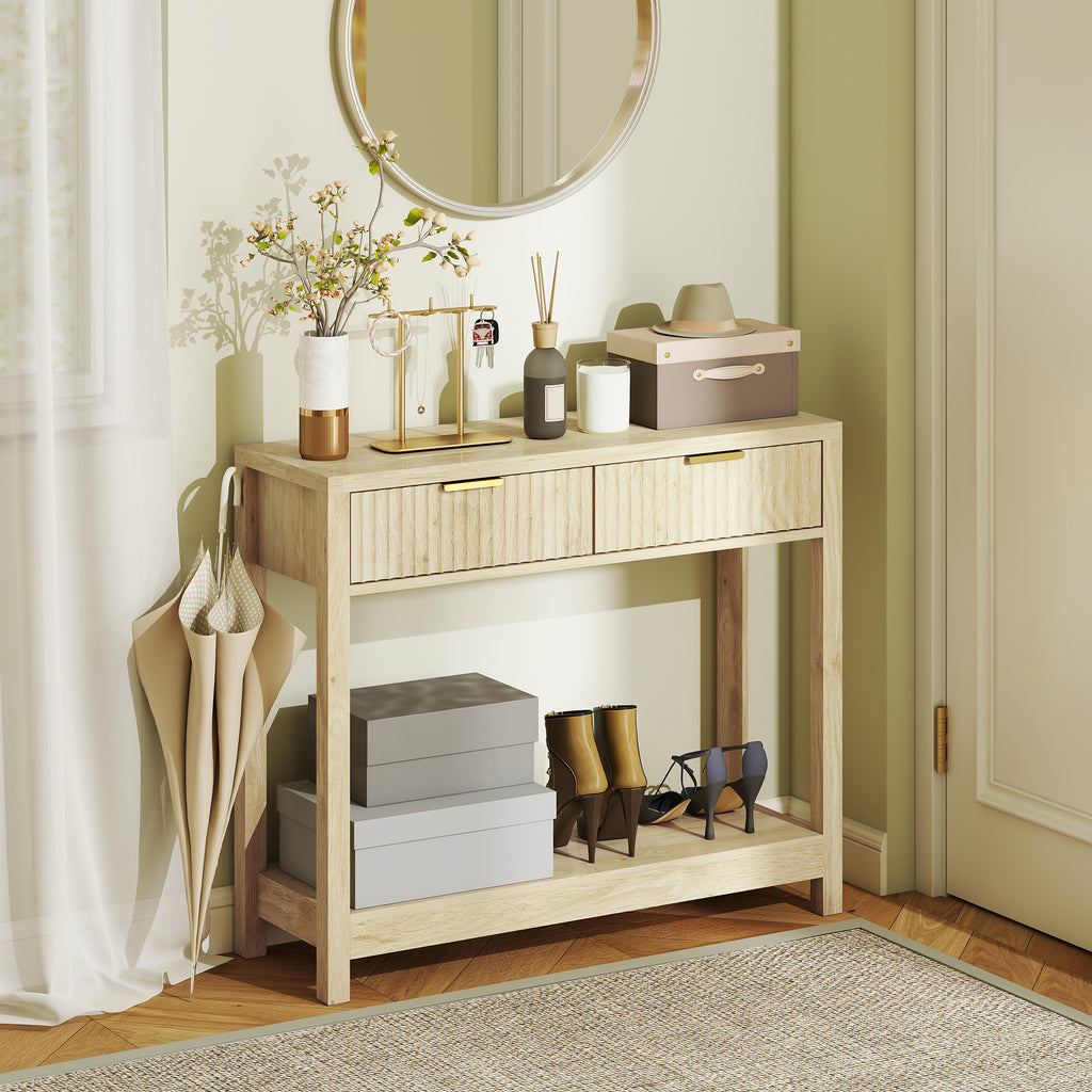 Console meuble 90 cm, table console étroite avec 2 tiroirs rainurés et étagère, style moderne, bois naturel-1