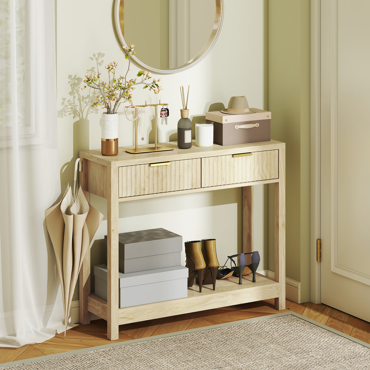 Console meuble 90 cm, table console étroite avec 2 tiroirs rainurés et étagère, style moderne, bois naturel-1