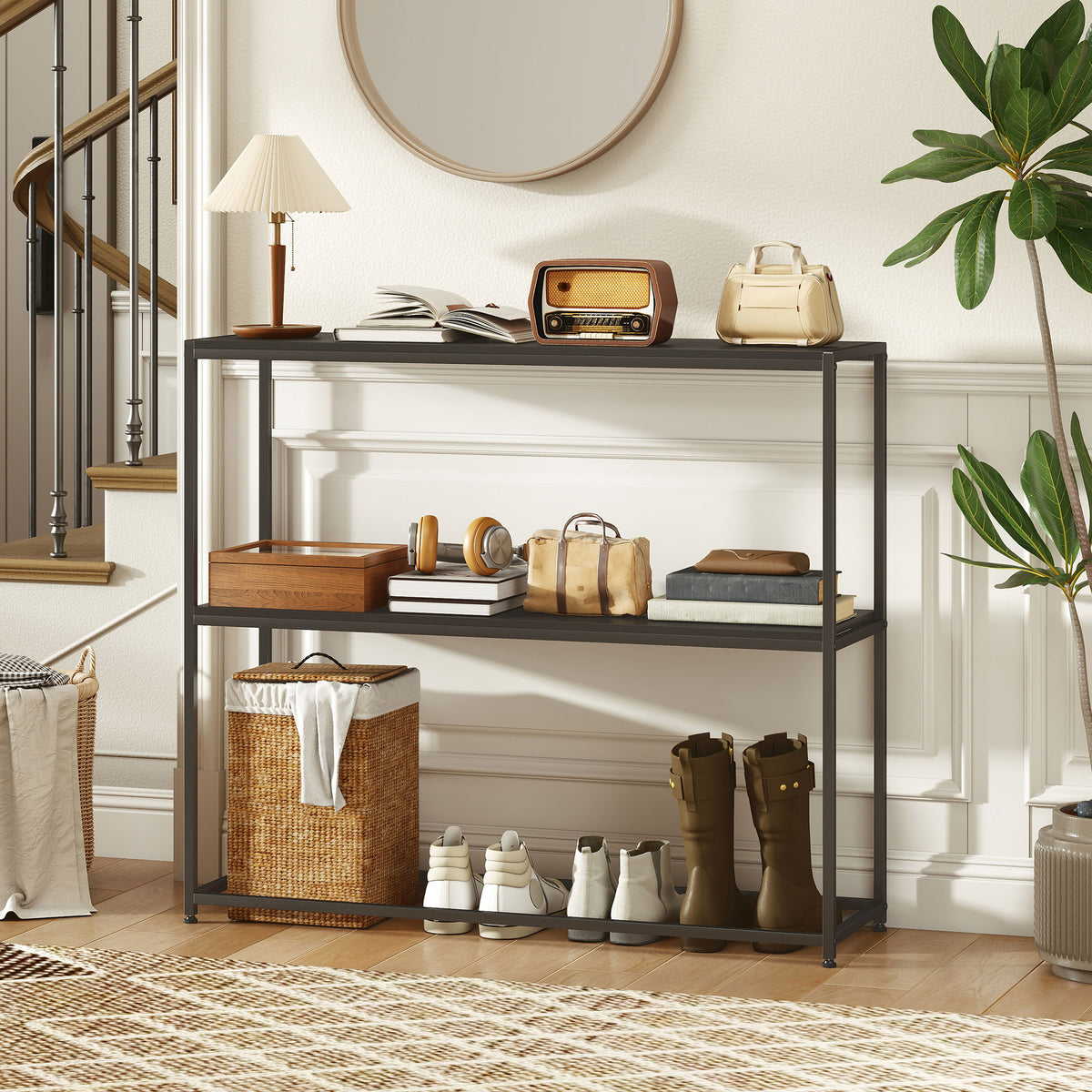 Table Console en Acier 2 Étagères Design Moderne pour Salon Entrée Couloir 100 x 30 x 87 cm Noir-9