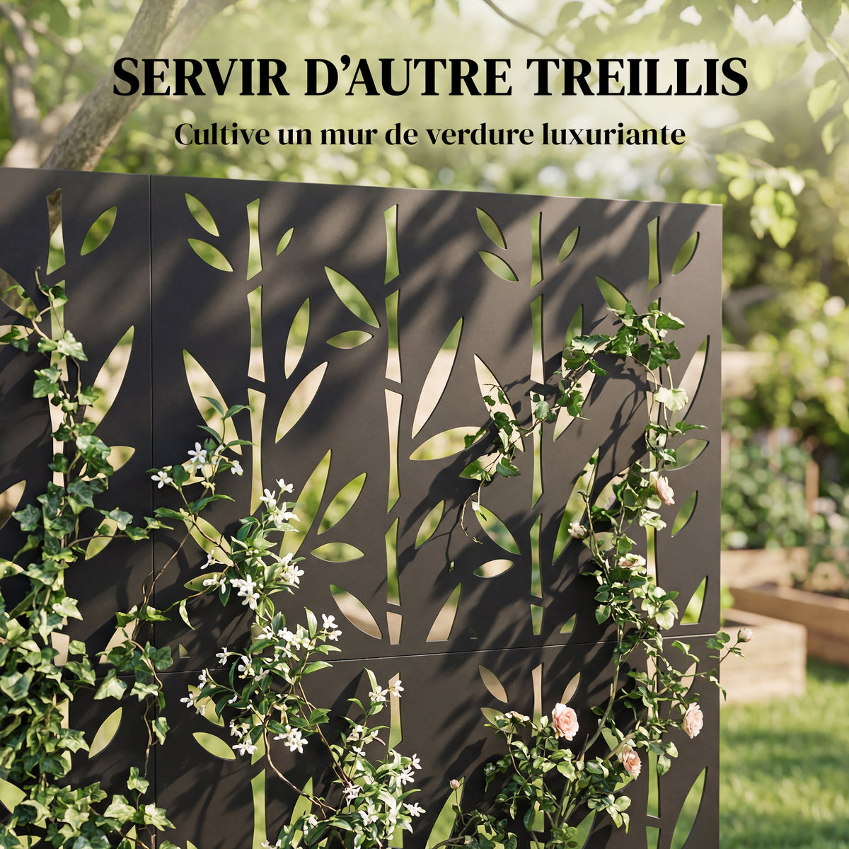 Panneau Brise Vue décoratif Extérieur Claustra Décoratif Jardin 3 Panneaux à motif Bambou métal 92x40x192cm Noir-4