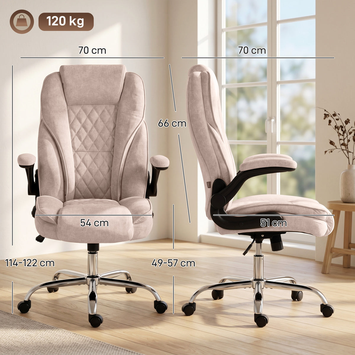 Fauteuil de bureau, chaise bureau ergonomique, hauteur réglable, accoudoirs relevables, 70 x 70 x 114-122 cm, rose-2
