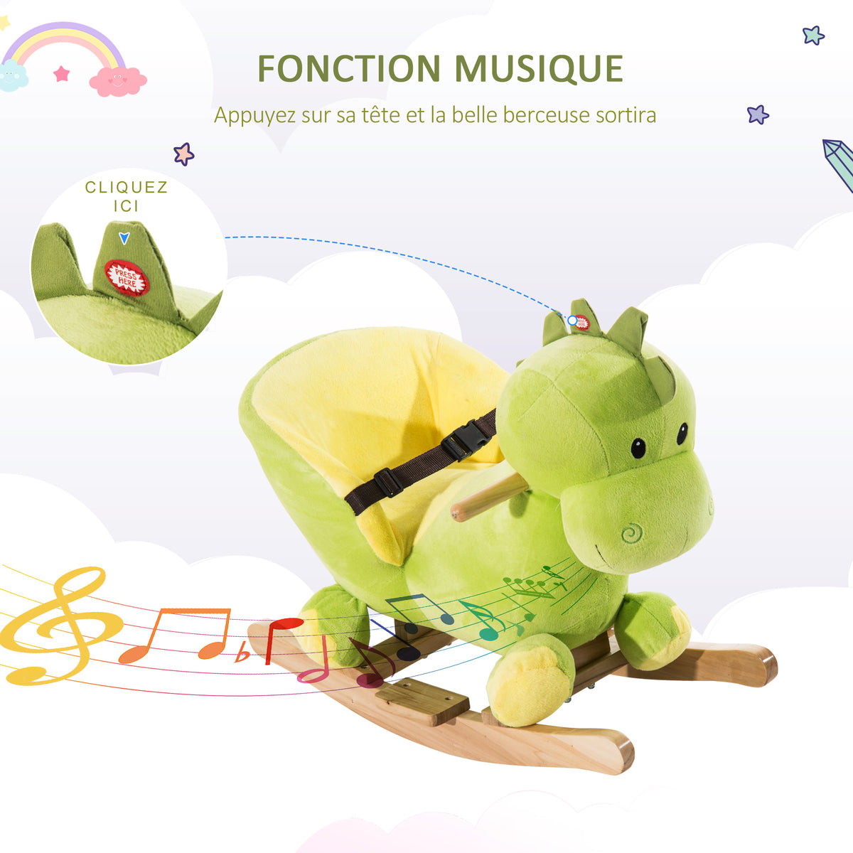 Jouet à Bascule Dinosaure Ceinture de sécurité Effet sonore 32 chansons pour enfants de 18+ Mois Bois Peluche Verte-3