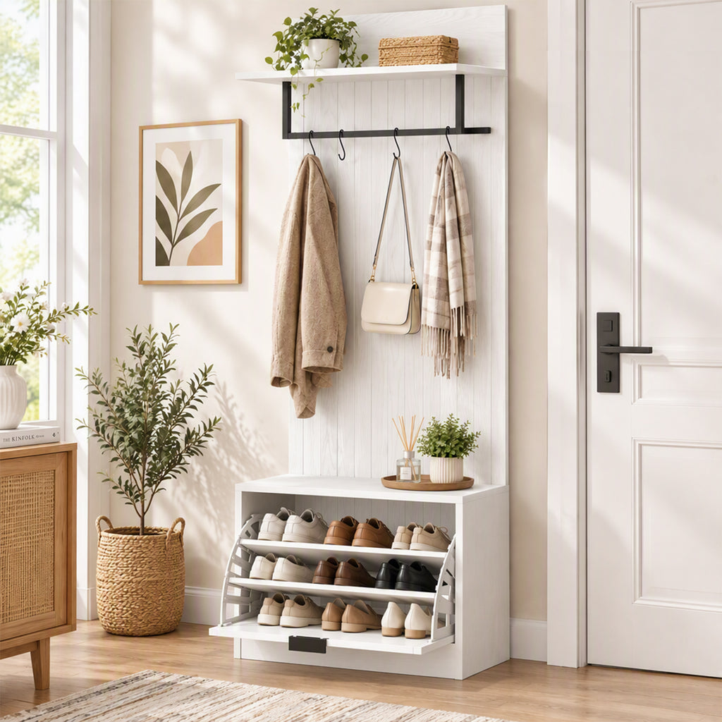 Porte-Manteau 5 en 1, Meuble d'Entrée, Banc à Chaussures, Tiroir Basculant, Étagères Réglables, 4 Crochets, Blanc-7