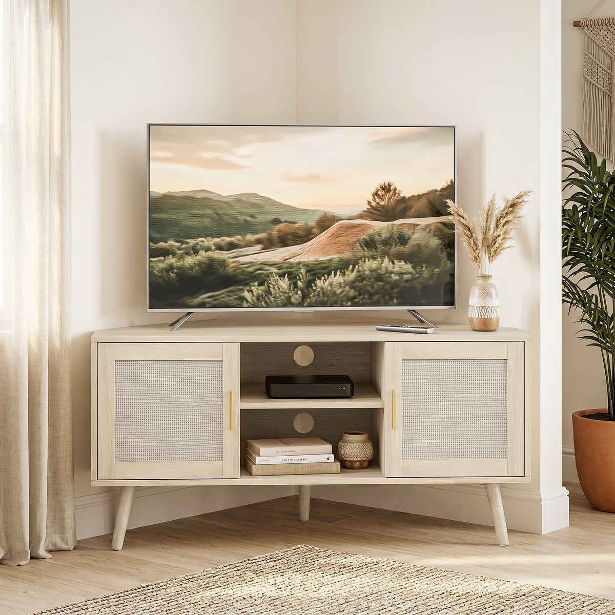 Meuble TV d'Angle 115 cm, Meuble Télé pour Téléviseur jusqu'à 65 Pouces, 2 Portes en Rotin  2 Compartiments, Chêne-1