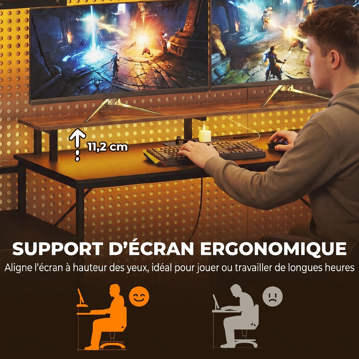 Bureau Gaming 147 x 47 cm, Éclairage RGB, Prises et Ports USB, Support pour Unité Centrale Réglable et Réversible, Noir-6
