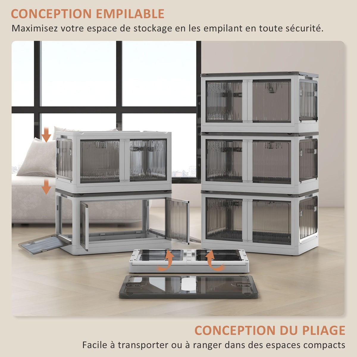 Boîtes de rangement pliables et empilables 69L en plastique avec couvercle et 4 roulettes, accès à 5 côtés, blanc-4