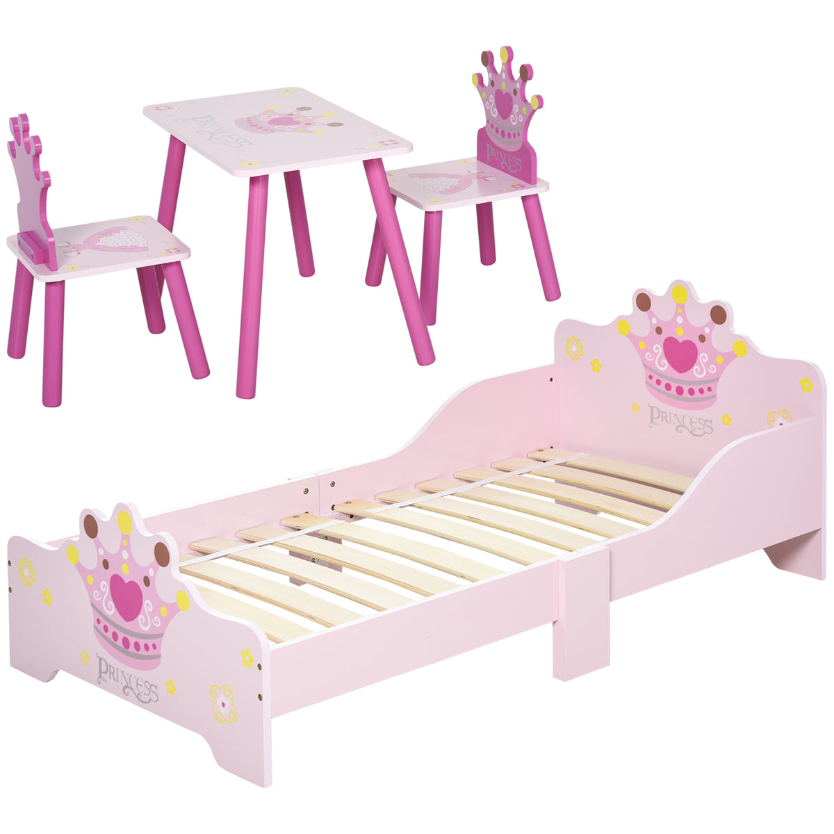 Lit Enfant et Ensemble table et chaises enfant - Design Princesse Motif Couronne - sommier à Lattes Inclus - Rose-0