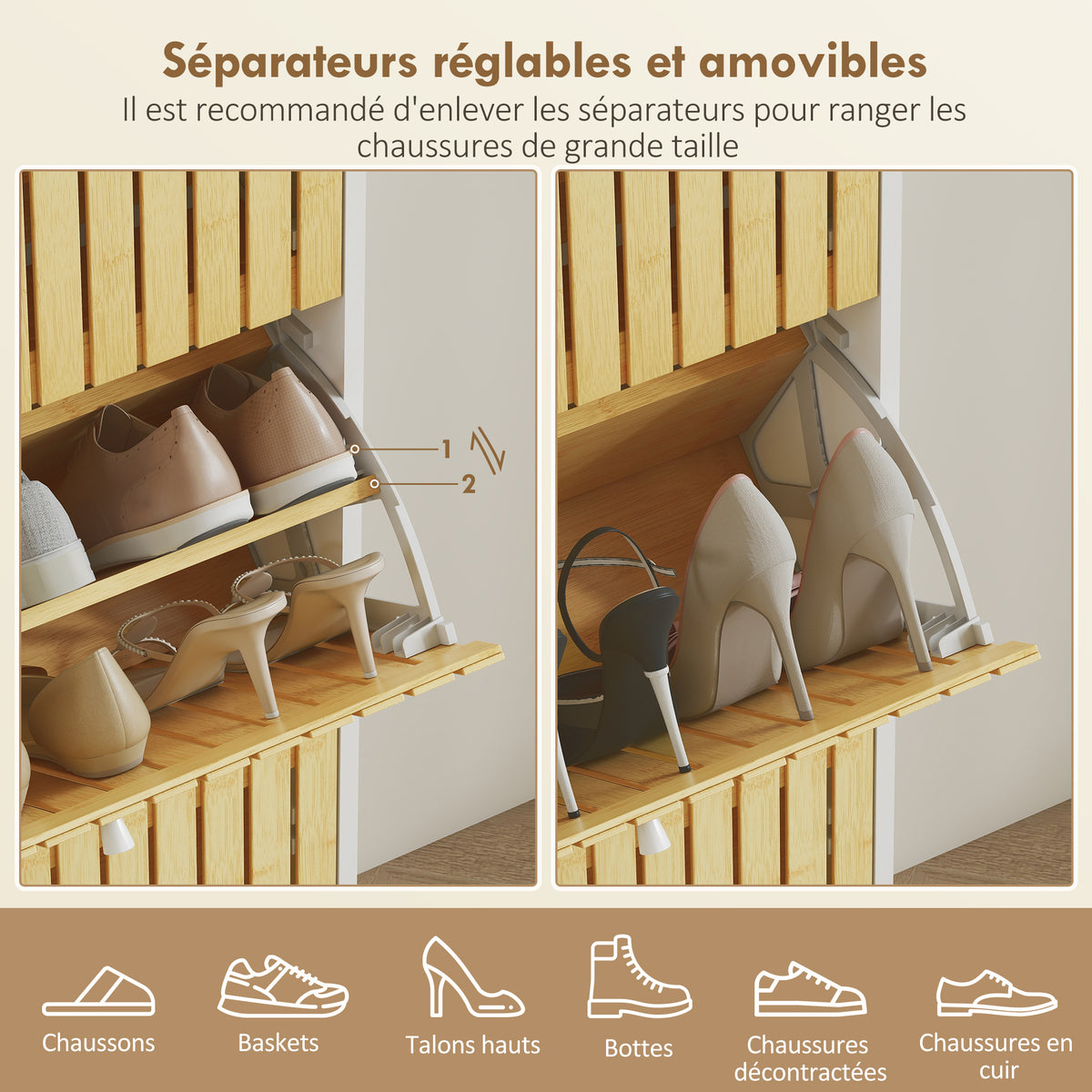 Meuble à chaussures 18 paires avec 3 tiroirs rabattables, portes en bambou à lattes, 60x24x118cm, blanc et bois naturel-4