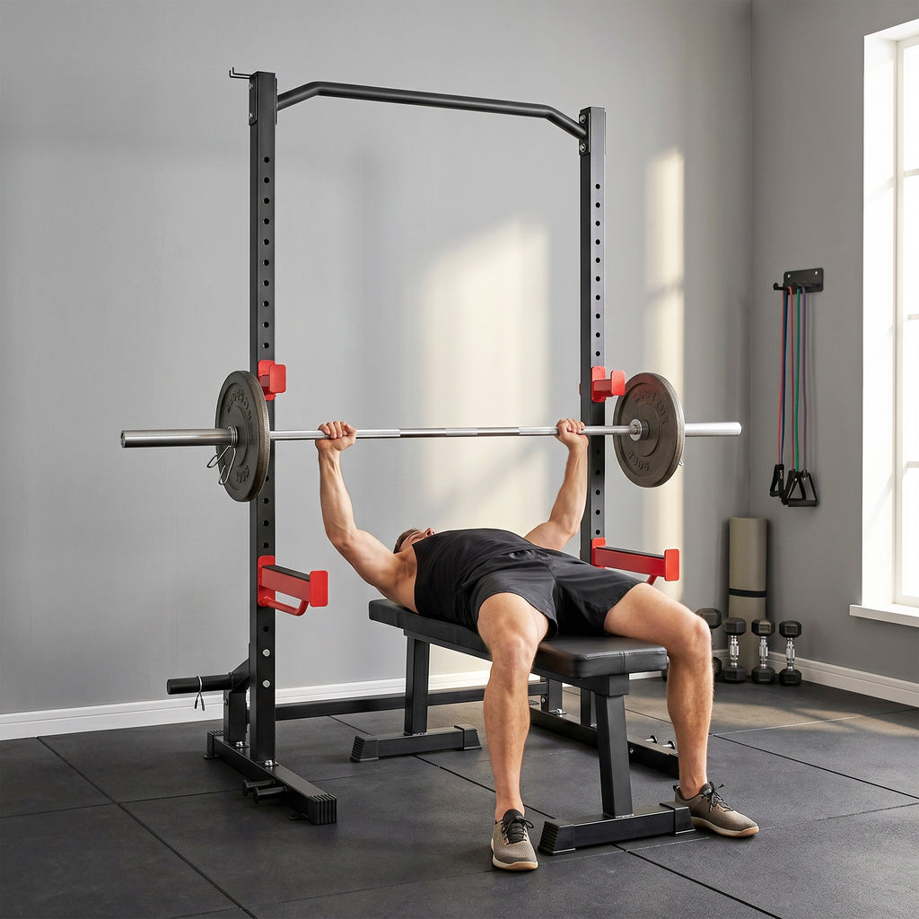 Power Tower Multifonction Charge 500 kg, Barre de Traction, Rack de Squat, Supports pour Disques, 157x105x205cm, Rouge-8