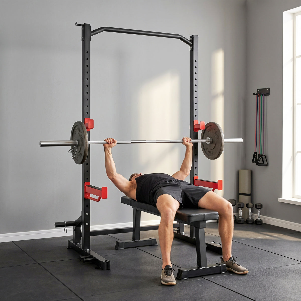 Power Tower Multifonction Charge 500 kg, Barre de Traction, Rack de Squat, Supports pour Disques, 157x105x205cm, Rouge-8