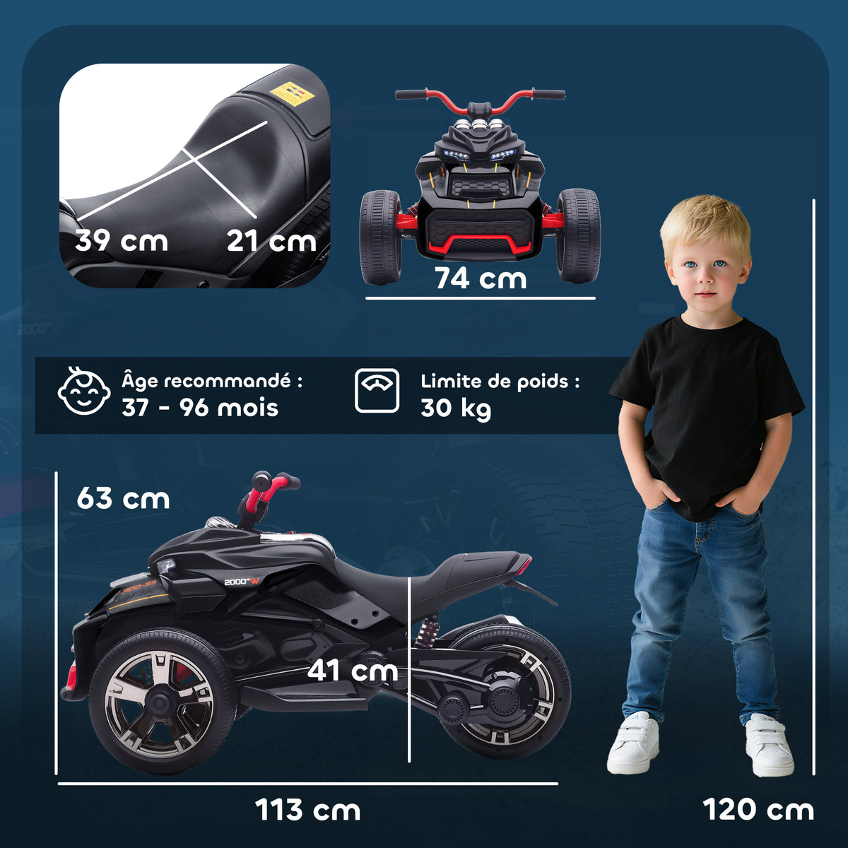 Quad électrique enfants voiture électrique enfants 12V 3 roues 2 moteurs lecteur MP3, klaxon, 2 vitesses 3-5 km/h noir-2
