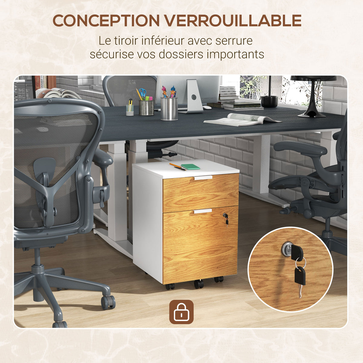 Caisson de bureau, meuble de rangement 2 tiroirs 2 barres pour dossier suspendu, verrouillable avec 2 clés 42x40x60 cm-5