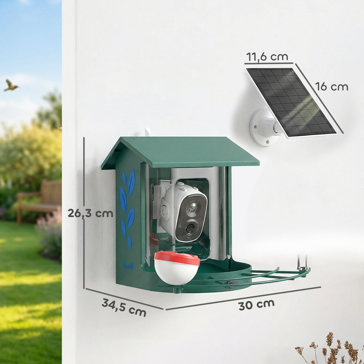 Mangeoire à Oiseaux avec Caméra 2K Solaire 2,5L 142°, Identification IA 16000+, App, IP65, SD 32 Go, 30x34,5x26,3cm Vert-2