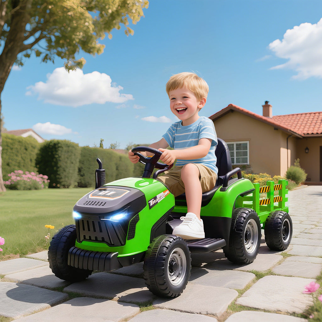 Tracteur électrique enfants avec remorque amovible, voiture électrique enfants, télécommande 2,4G, 139x58x55cm, vert-1