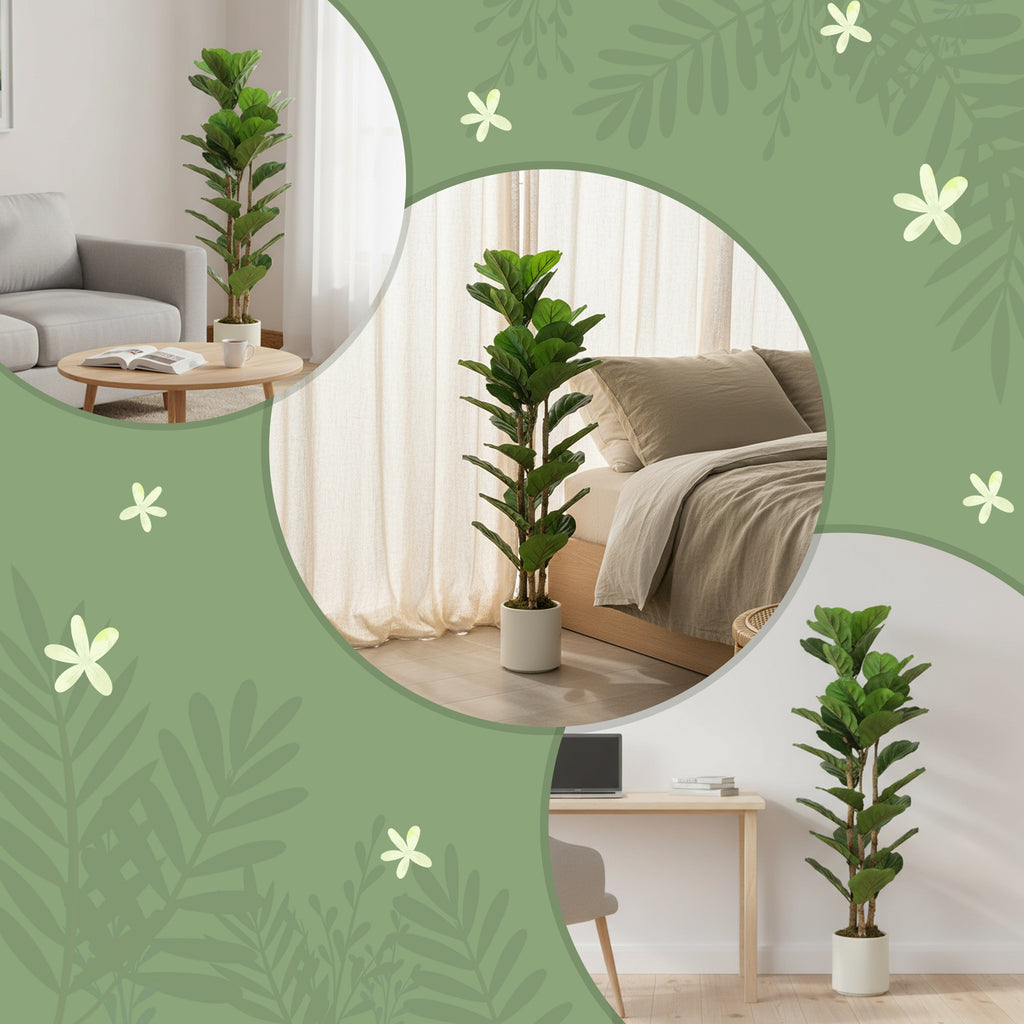 Plante artificielle intérieure 120 cm Figuier lyre arbre artificiel avec pot en plastique et tronc en bois massif, vert-6