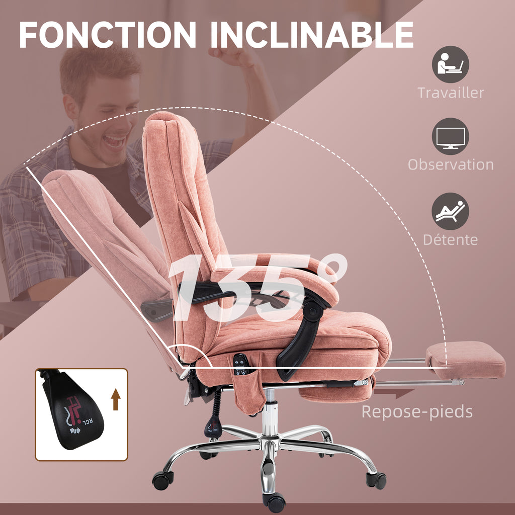 Fauteuil de bureau massant et chauffant hauteur réglable dossier inclinable télécommande repose-pieds rétractable rose-5