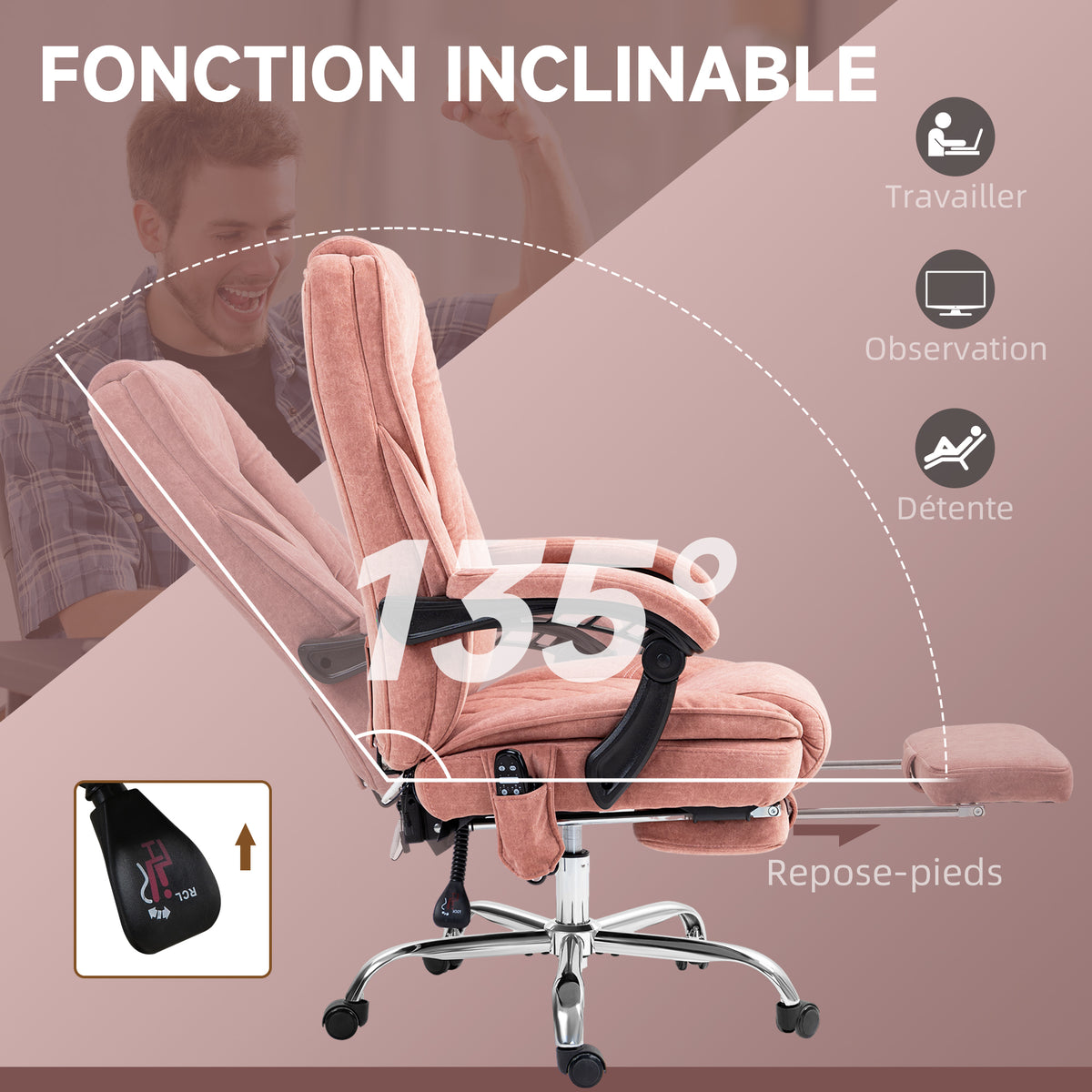 Fauteuil de bureau massant et chauffant hauteur réglable dossier inclinable télécommande repose-pieds rétractable rose-5