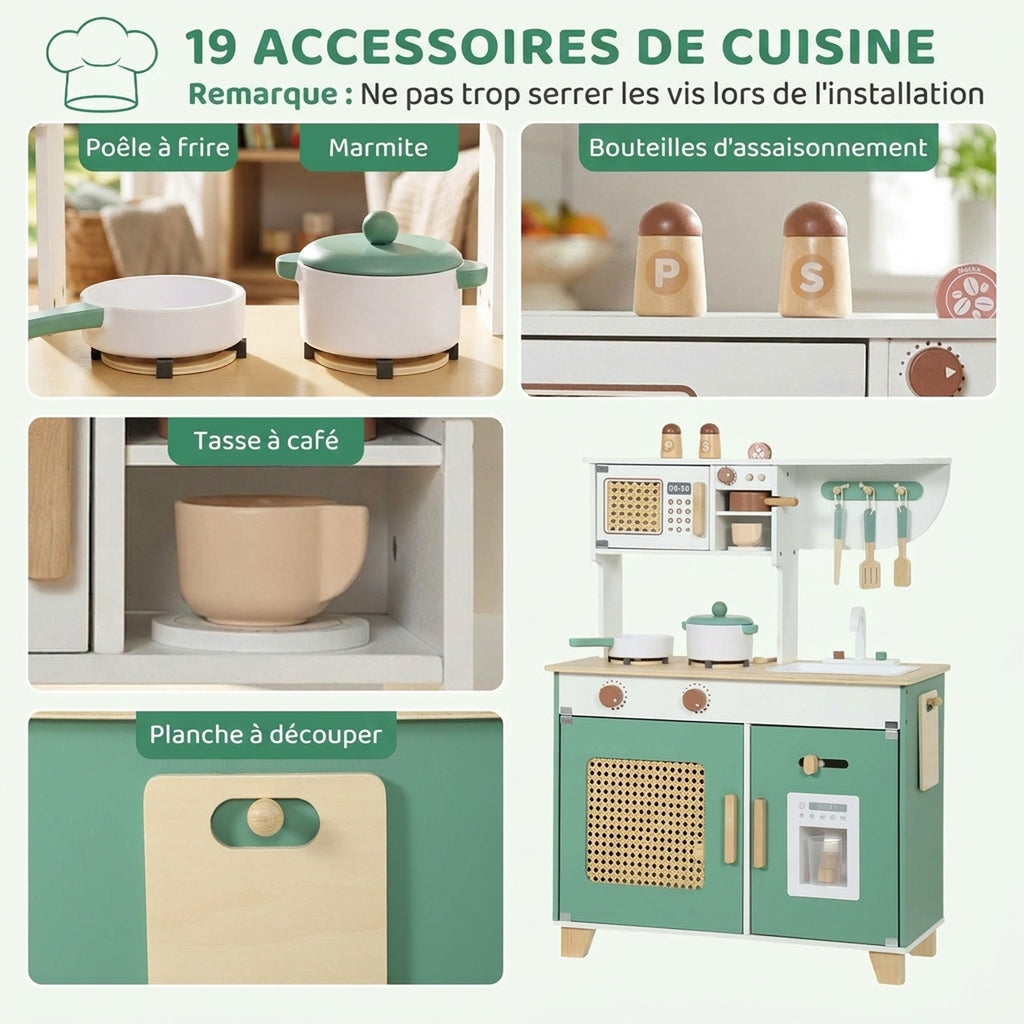 Cuisine Enfant en Bois 19 Accessoires, Cafetière, Machine à Glaçons, Micro-Ondes, Placard, 3-6 Ans, 61x27x79,7cm, Vert-5