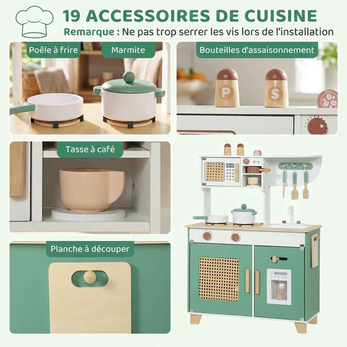 Cuisine Enfant en Bois 19 Accessoires, Cafetière, Machine à Glaçons, Micro-Ondes, Placard, 3-6 Ans, 61x27x79,7cm, Vert-5