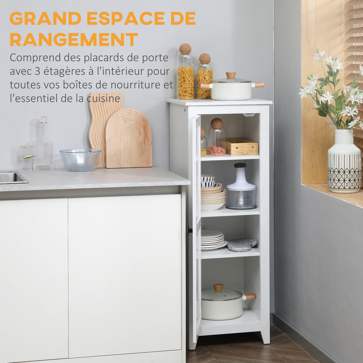 Armoire de Rangement sur Pieds buffet cuisine meuble de rangement  pour Salle de bain Gain de Place Style Classique avec 2 étagères réglables- Hauteur 120 cm en Bois Blanc-3