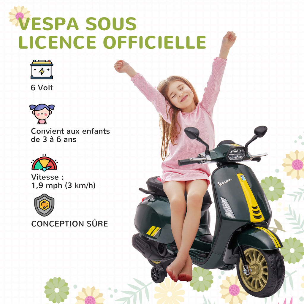 Scooter électrique enfant Vespa 6 V dim. 107L x 47l x 73H cm Musique MP3 Port USB Phare 2 roues d'entraînement - Vert-3