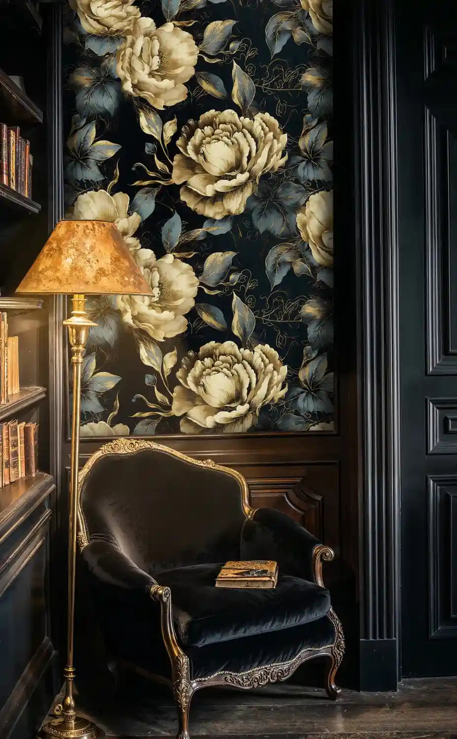 Papier peint pivoines dorées sur fond nuit