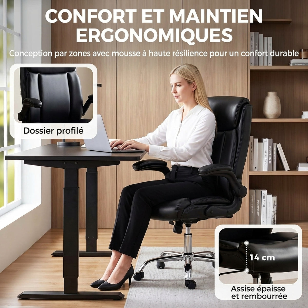 Chaise Bureau Ergonomique avec Accoudoirs Relevables, Fauteuil de Bureau en PU, Hauteur Réglable, Fonction Bascule, Noir-3