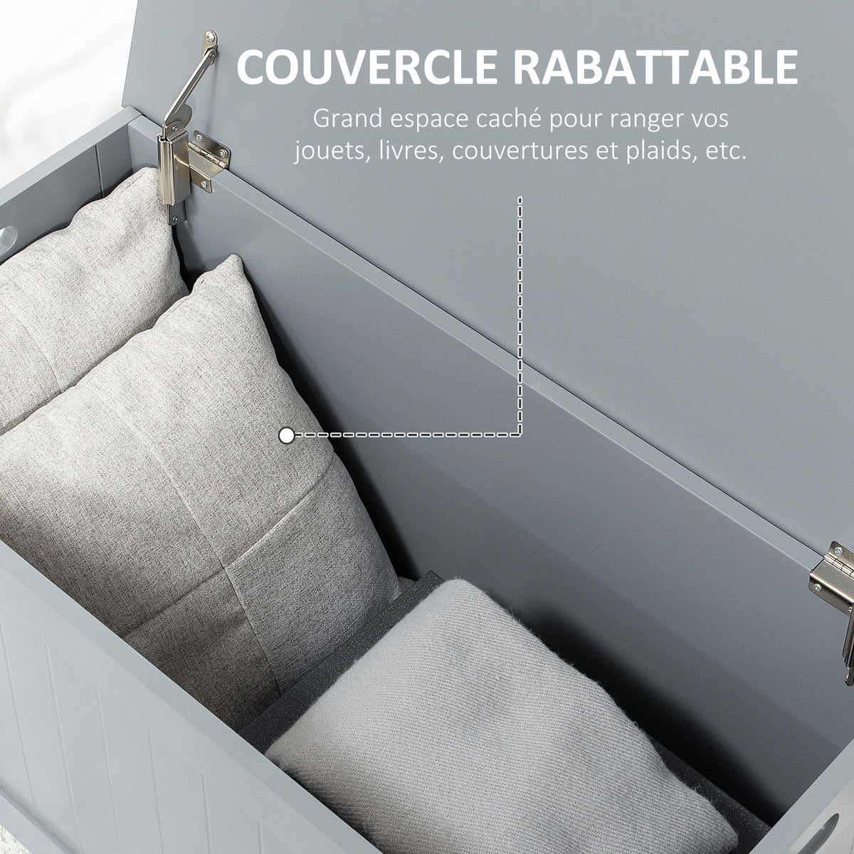 Coffre de rangement avec charnières de sécurité boîte de rangement en bois coffre à jouets couvercle rabattable gris-3