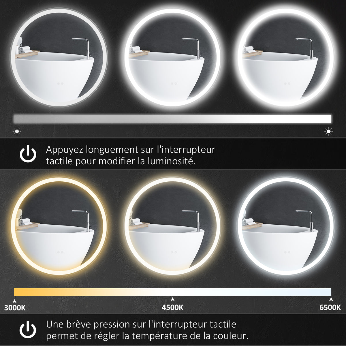 Miroir rond lumineux LED de salle de bain Ø 60 cm mural avec éclairage 3 couleurs interrupteur tactile 29W blanc argent-4