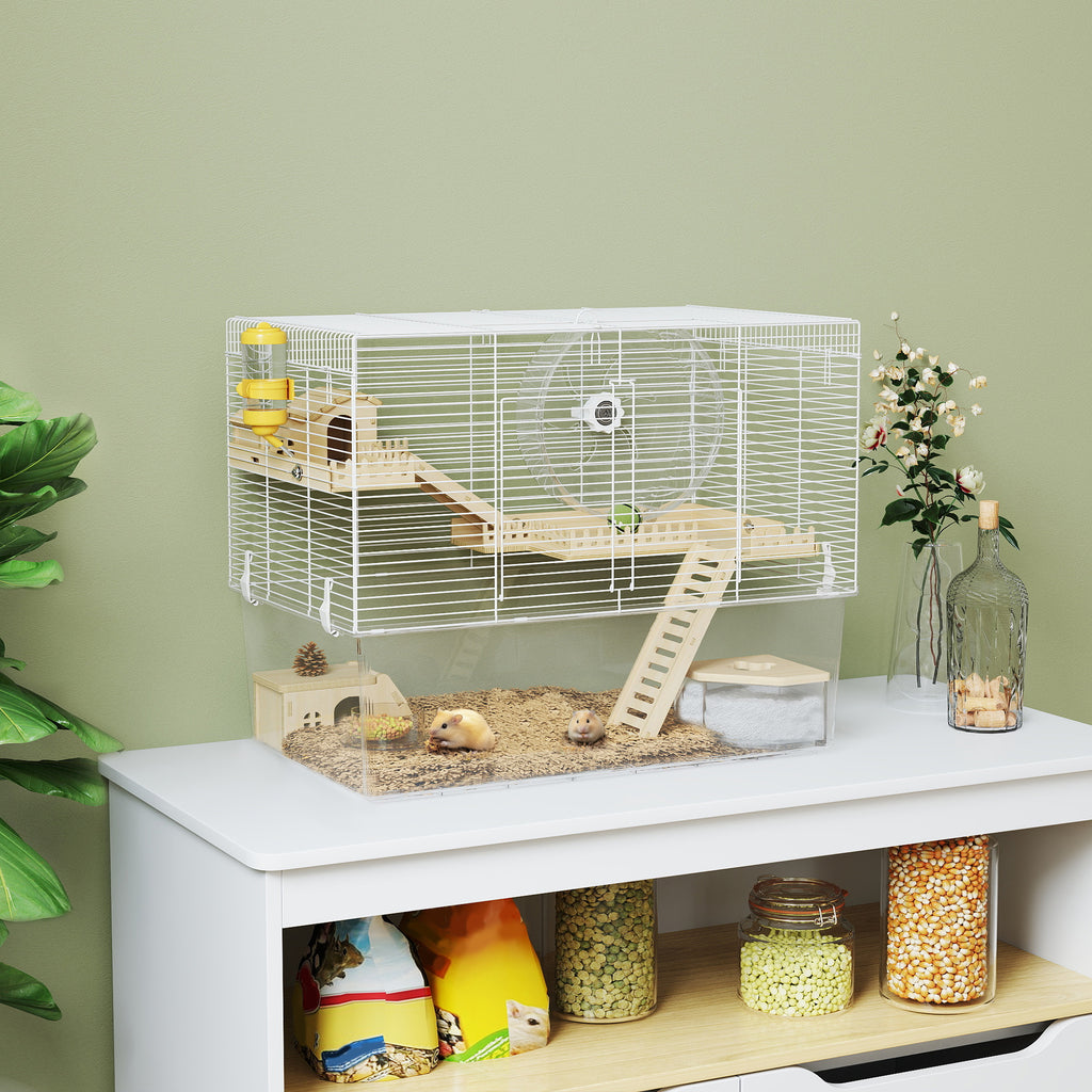 Cage à hamster à 3 niveaux, cage rongeur avec roue d'exercice, plateau profond transparent, 59 x 35,5 x 47 cm, blanc-1