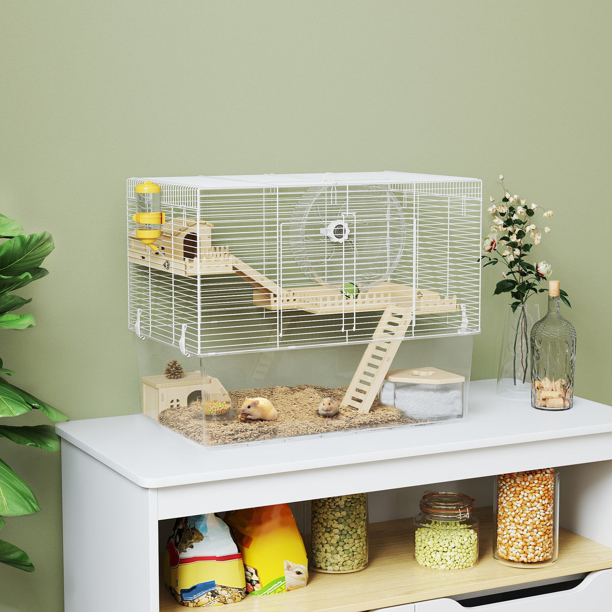 Cage à hamster à 3 niveaux, cage rongeur avec roue d'exercice, plateau profond transparent, 59 x 35,5 x 47 cm, blanc-1