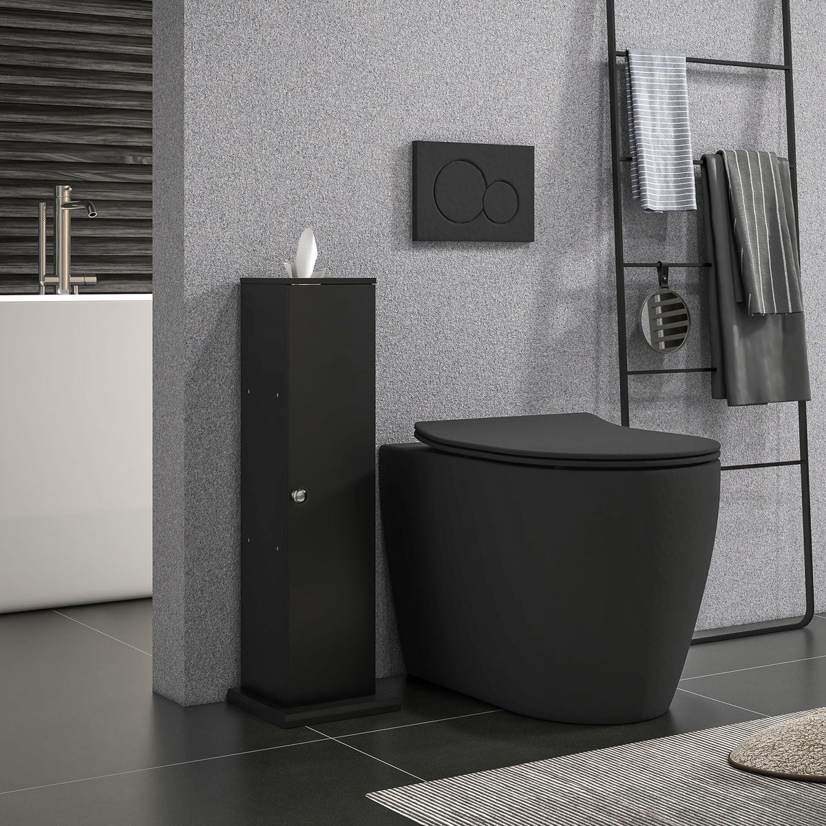 Support papier toilette meuble salle de bain 3 niveaux et sortie papier, pour petits espaces, noir-1