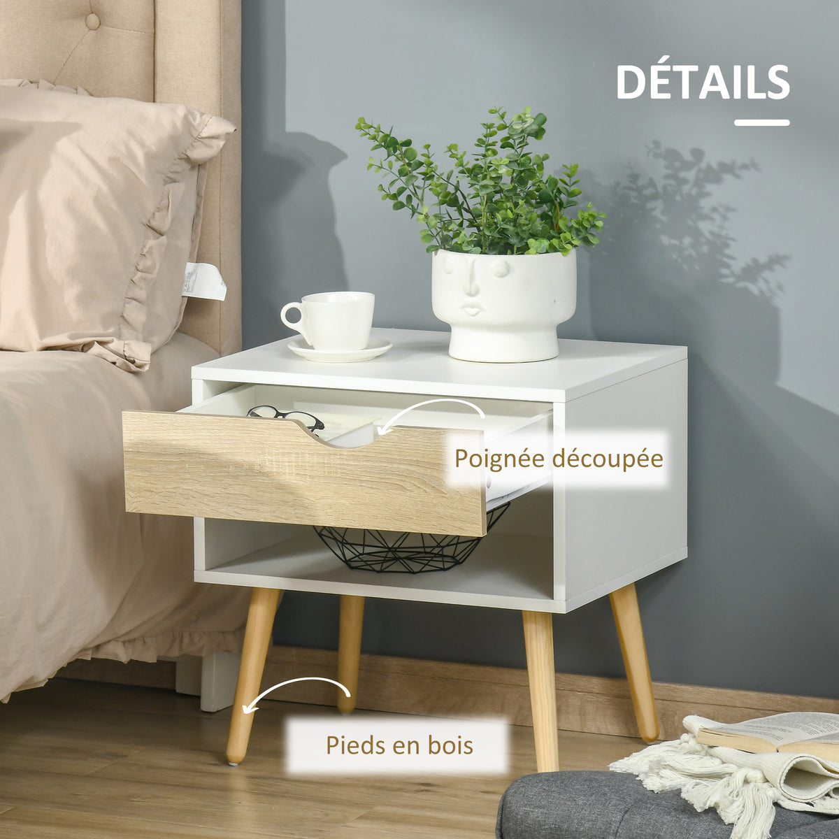 Table de chevet, table de nuit, avec tiroir, design moderne, pieds en bois massif, 50 x 39 x 51 cm, blanc et bois naturel-4