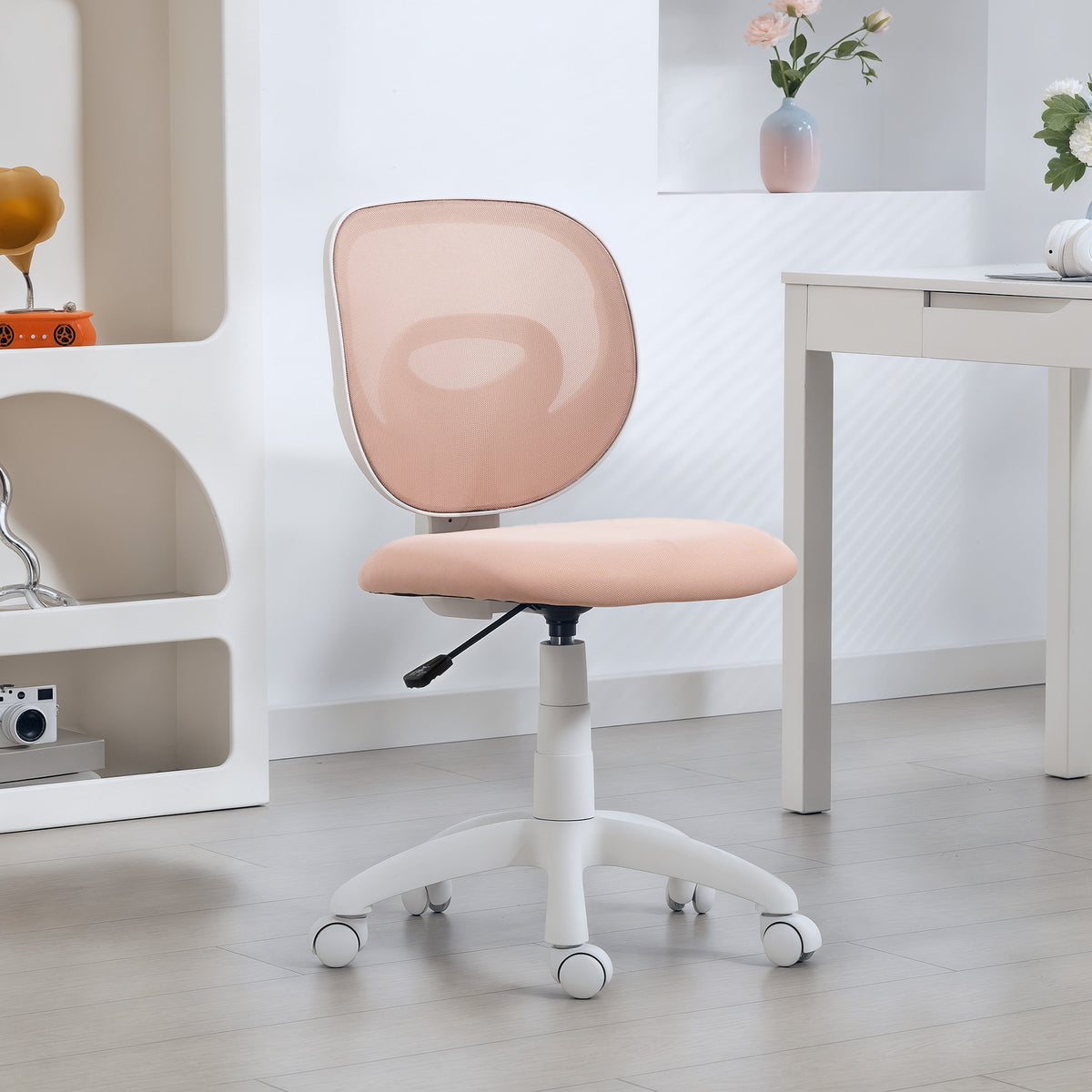 Chaise de Bureau Ergonomique sans Accoudoirs, Fauteuil de Bureau en Maille, Hauteur Réglable, Rose-1