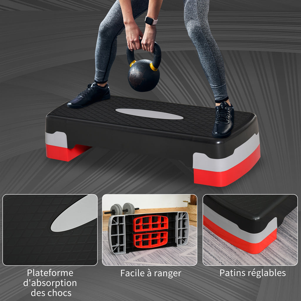 Stepper aerobic fitness hauteur reglable 2 niveaux surface antiderapante PP 68 x 29 x 15 cm rouge noir et gris-3