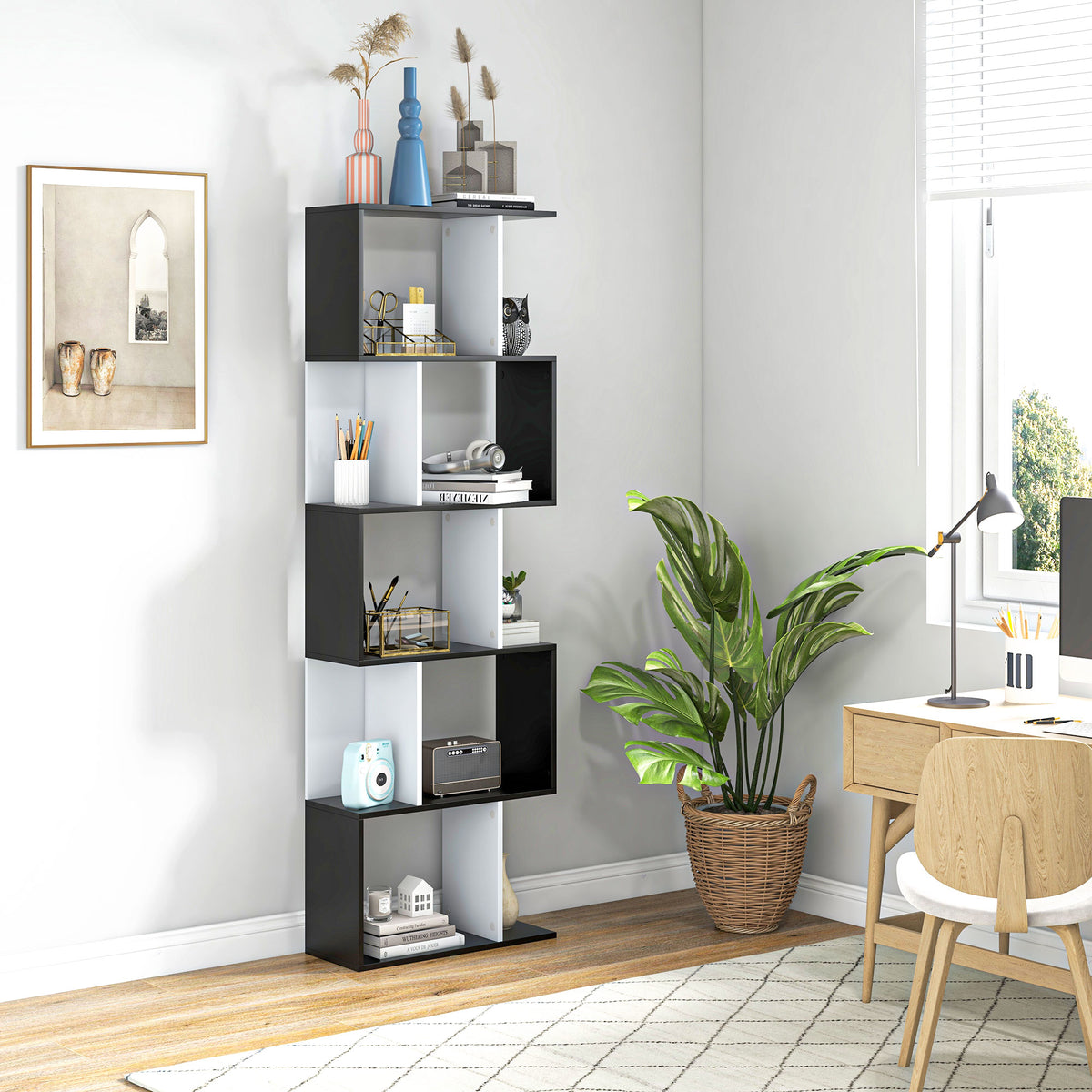 Bibliothèque à 5 niveaux, meuble de rangement en forme de S avec étagères, étagère de rangement pour salon, chambre bureau, 60 x 24 x 184,5 cm, noir, blanc-1