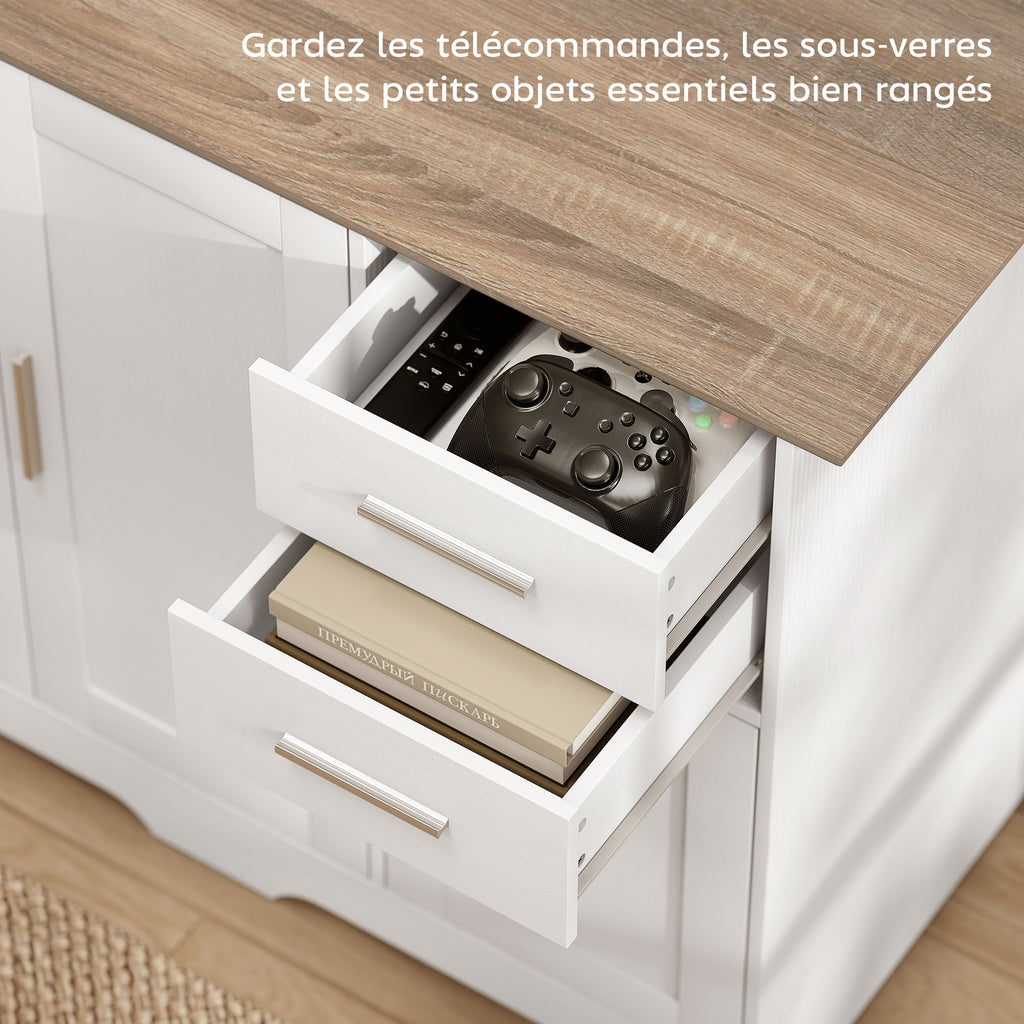 Buffet salon, meuble de rangement avec 2 tiroirs, 3 portes et étagère réglable, 100 x 40 x 78 cm, blanc et bois naturel-4