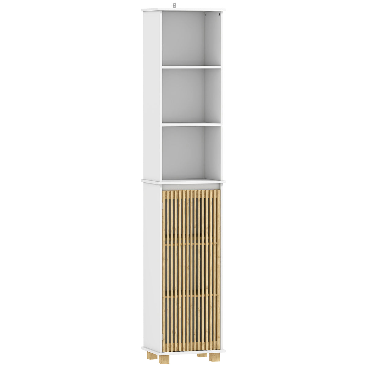 Colonne salle de bain, meuble salle de bain rangement avec porte à lattes en bambou et compartiments ouverts, blanc-0