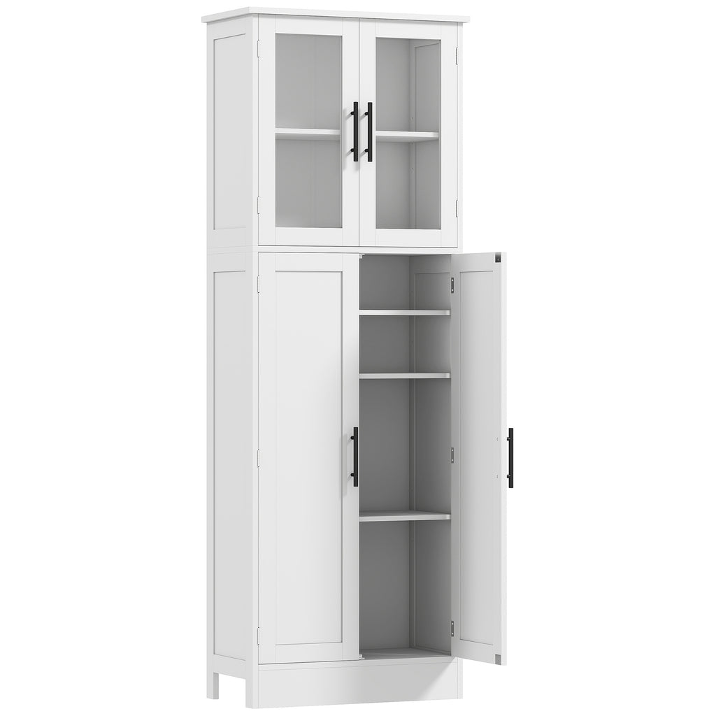 Meuble de salle de bain haut 6 niveaux, meuble de rangement avec 4 portes dont 2 vitrées et étagères réglables, blanc-0