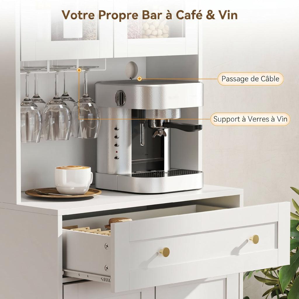 Buffet Haut Cuisine, Armoire de Cuisine, 4 Portes, Tiroir, Plan de Travail et Étagères Réglables, Blanc-4