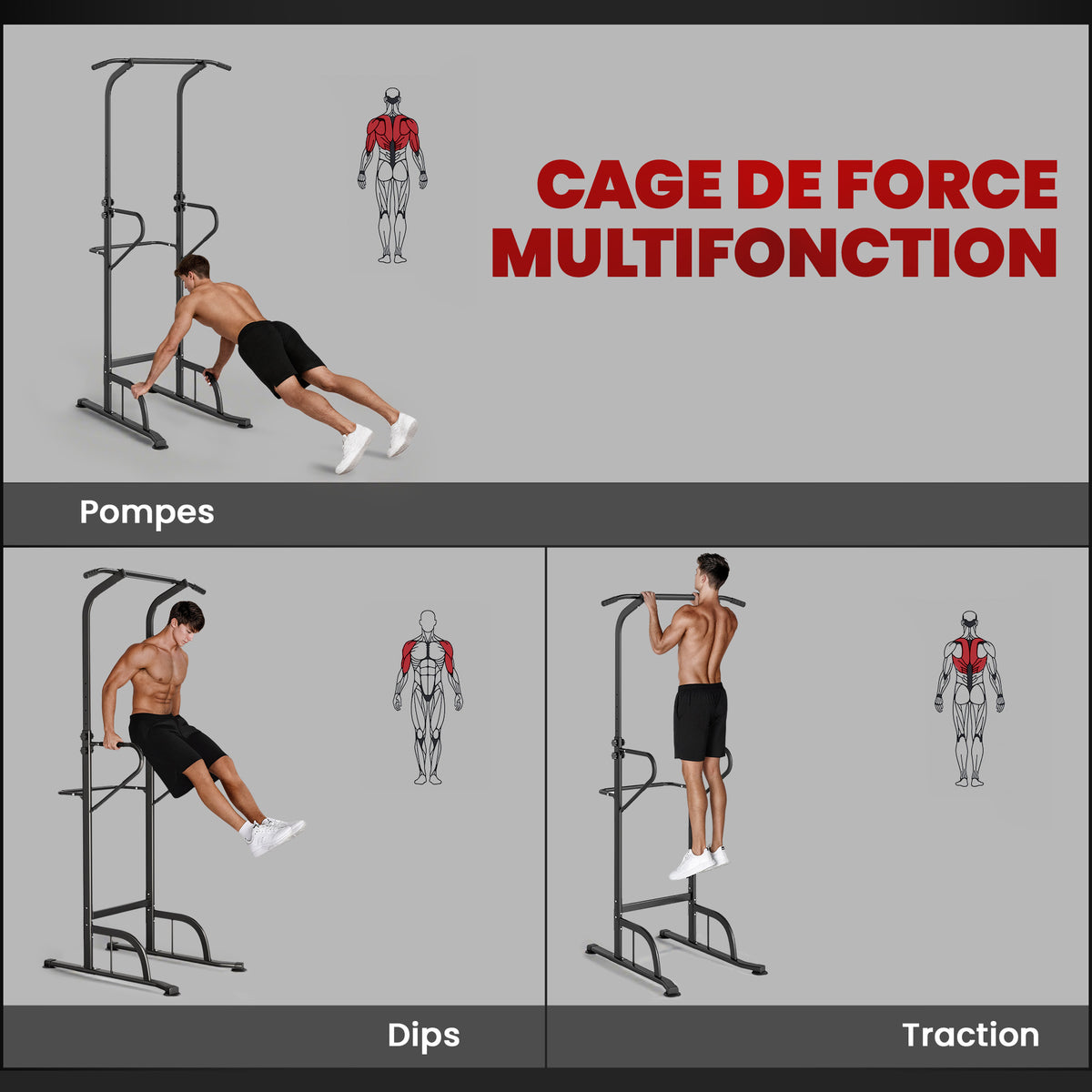 Power Tower Dip Station, Barre de traction, Barre de dips, Hauteur Réglable, Poignées en Forme U, 98x102x180-212cm, Noir-3