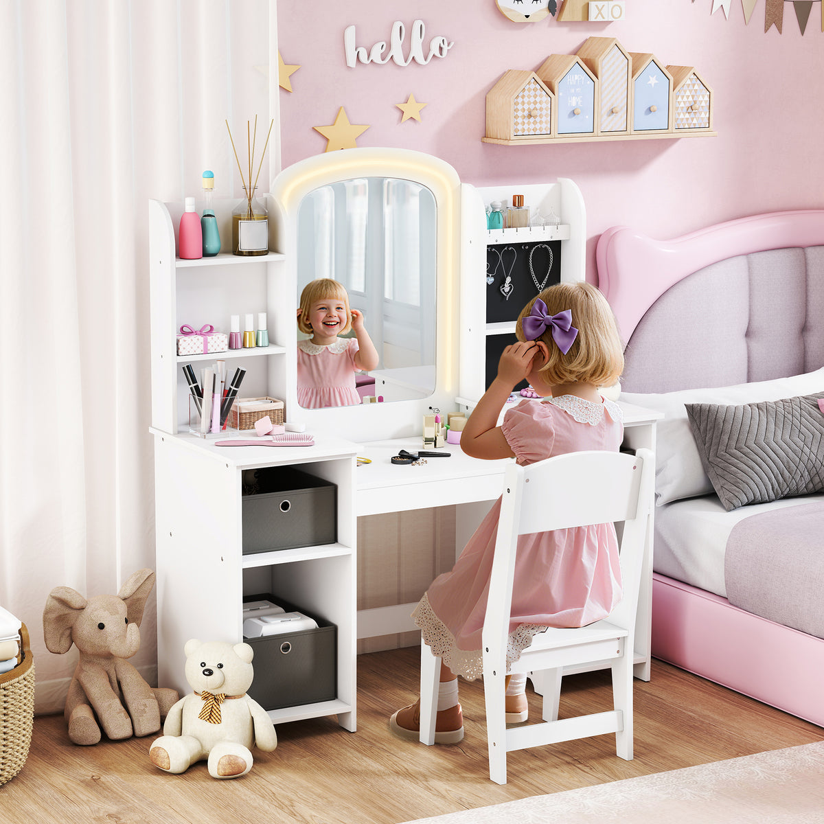 Coiffeuse pour enfants avec tabouret et miroir LED, table de maquillage pour 3 à 8 ans, 104 x 40 x 112 cm, blanc-9