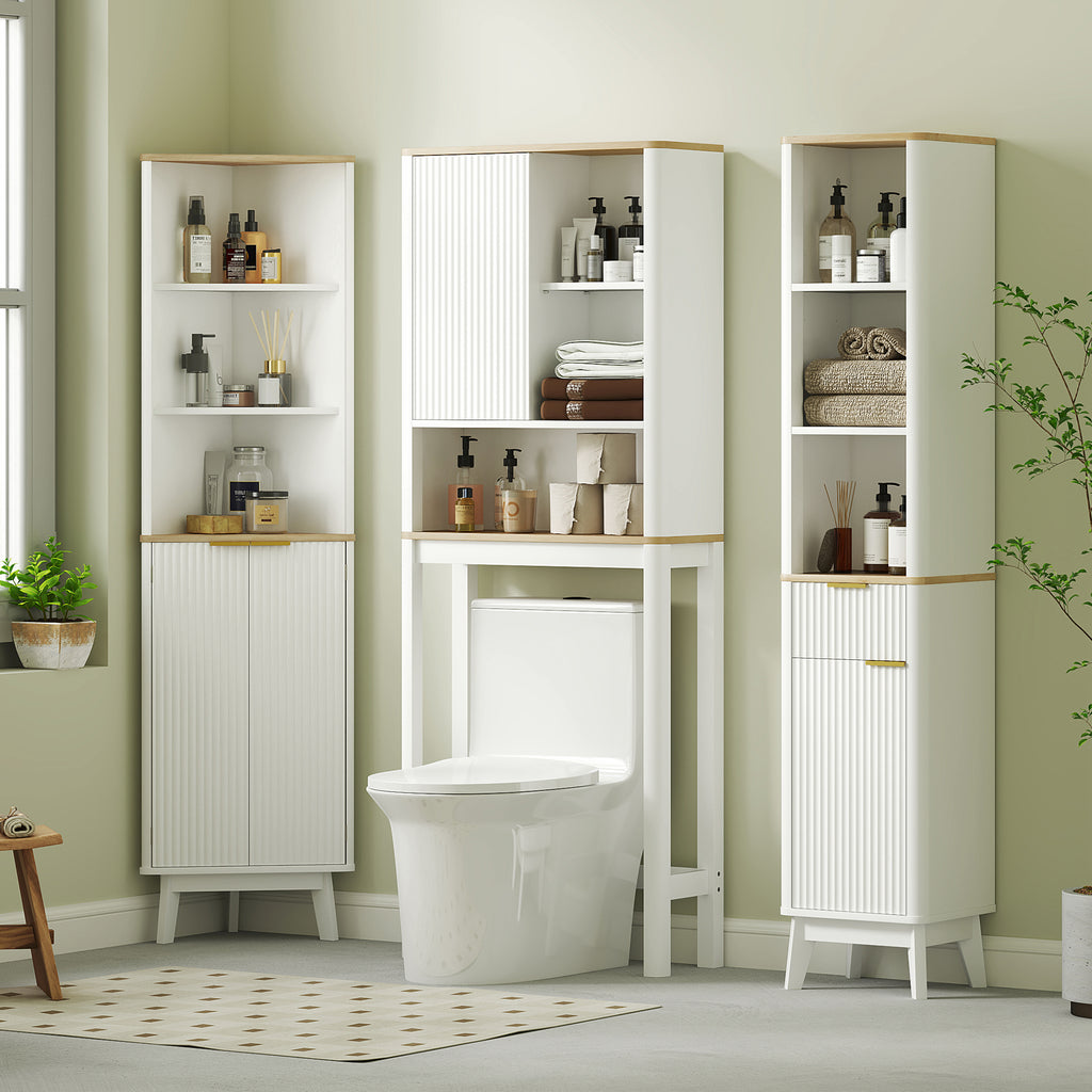 Meuble de rangement au-dessus des toilettes avec porte cannelée, compartiments, étagère réglable, 65x25x170cm, blanc-7