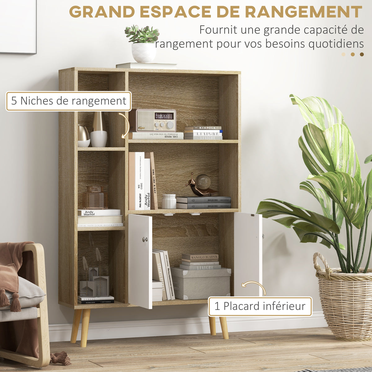 Bibliothèque scandinave meuble de rangement dim. 80L x 23,5l x 123H cm 5 niches placard 2 portes pieds effilés inclinés-3