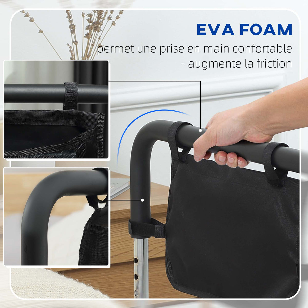 Barre d'appui lit barrière sécurisée protection poignée réglable 5 hauteurs pochette rangement 87Lx51,5lx45-55H cm-4