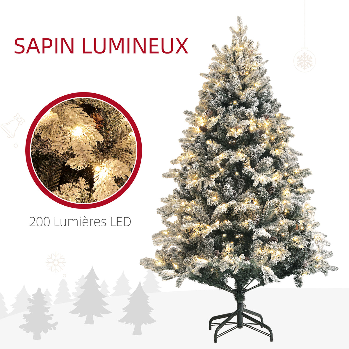 Sapin de Noël Artificiel 180 cm lumineux LED 793 Branches enneigées grand réalisme support en acier pliable Vert-3