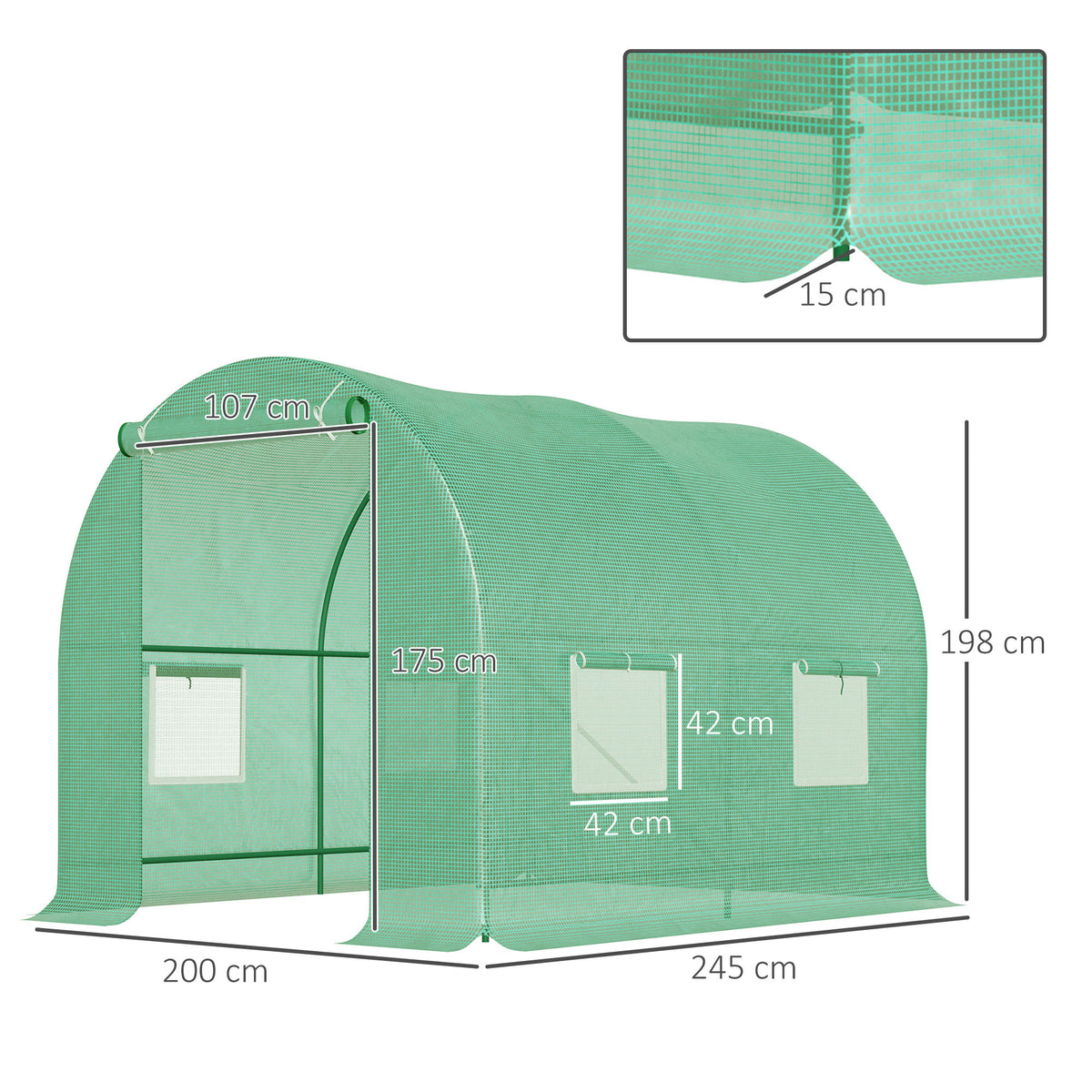 Serre de Jardin Tunnel 5 m² 2,5L x 2l x 2H m Acier renforcé Ø 1,8 cm + PE Haute densité 140 g/m² fenêtres Vert-2