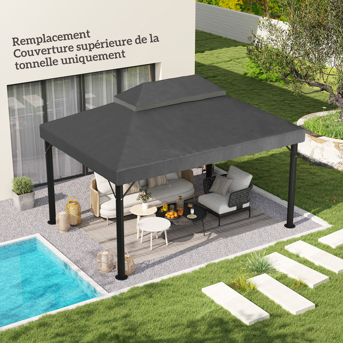 Toile de rechange pour pavillon toile de tonnelle 4 x 3 m, double toit avec trous de drainage, polyester 370 g/m², gris-9