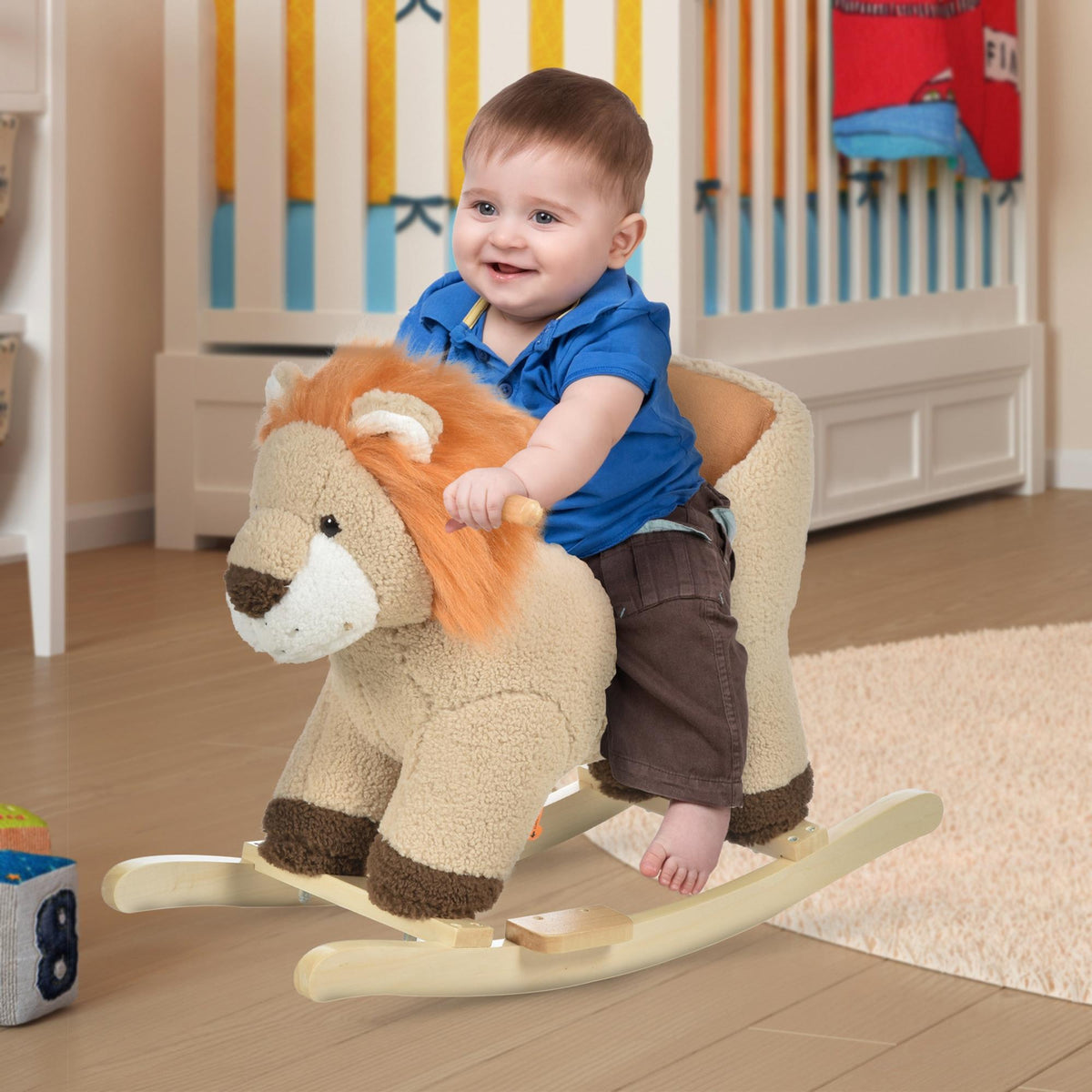 Cheval à Bascule modèle Lion Fonction Musicale Selle Grand Confort Peluche Courte Douce Pour Enfants 18-36 Mois Bois peuplier Marron dim. 68L x 35l x 50H cm-1