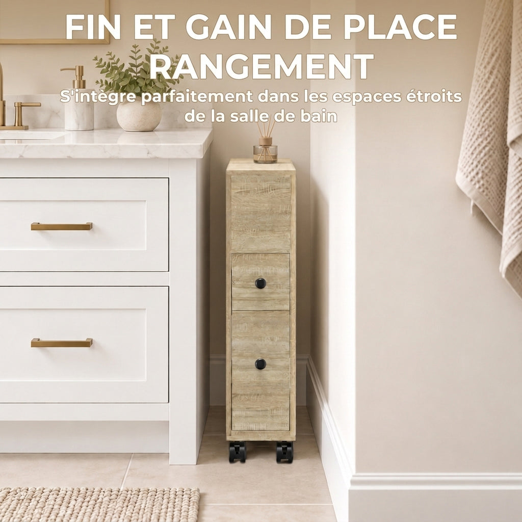 Meuble de rangement de salle de bain sur roulette armoire WC toilettes étagère ouverte 2 tiroirs 16 x 52 x 71,5 cm chêne-3
